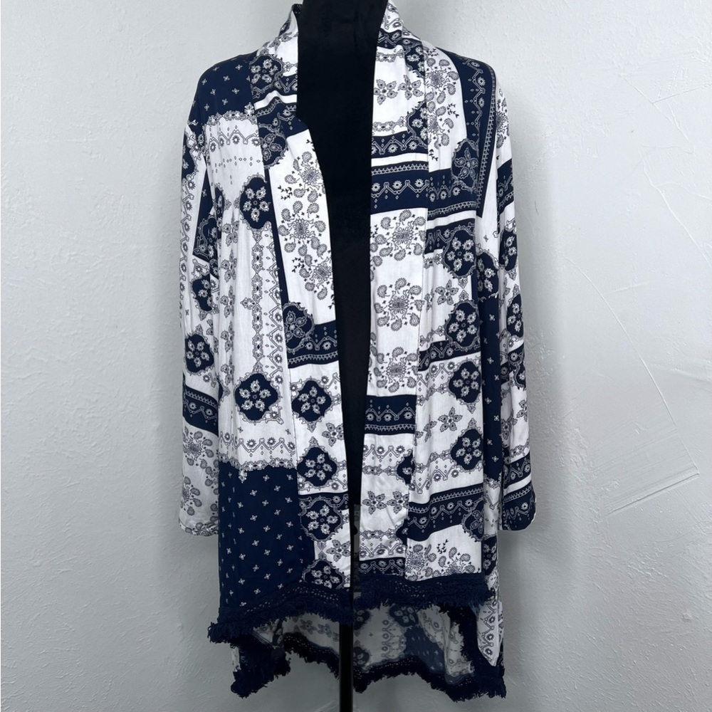 Solitaire Womens Blue and White Open Front Bohemian Kimono Sleeve Size: M